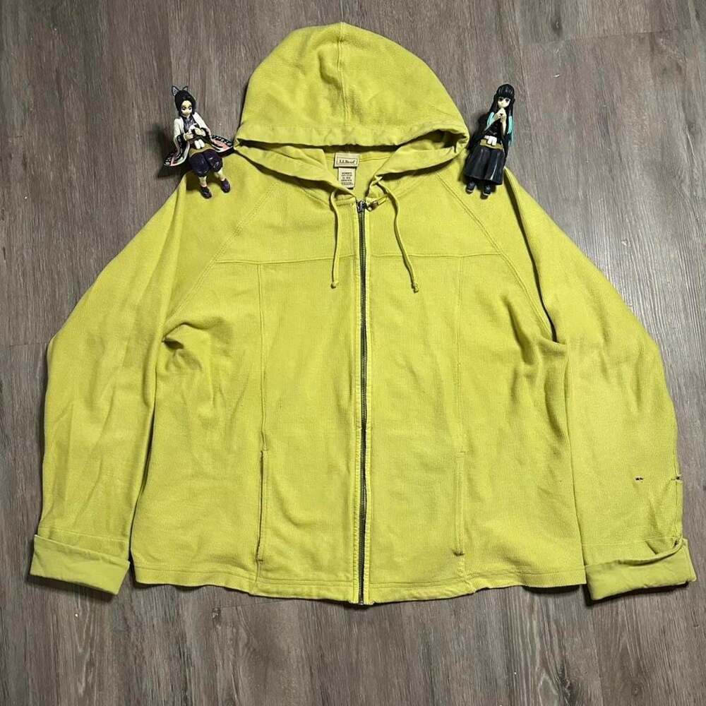 Vintage L.L.Bean Women's Full-Zip Hoodie, Neon Yellow, Distressed XL